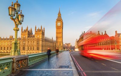 Big Ben and red double-decker in London, UK